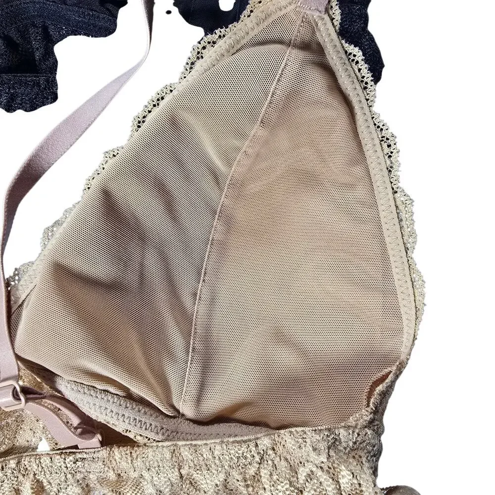 NEW Quince Stretch Lace Padded Triangle Bralette 2 Pack, Black/Clay Size Medium